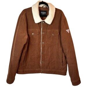 GUESS Bomber Jacket XL Brown Sherpa Collar‎ Snap Button Front Corduroy Outdoors